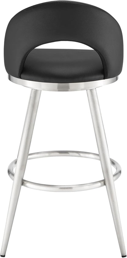 Armen Living Charlotte Swivel Bar Stool in Brushed Stainless Steel with Black Faux Leather