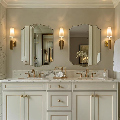 24x32 Gold Mirror, Brushed Gold Scalloped Mirror for Bathroom in Premium Stainless Steel Metal Thin Frame Deep 1", Antique Brass Irregular Wall Mirror Hangs Horizontal or Vertical
