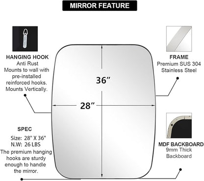 ANDY STAR Chrome Bathroom Mirror, 28x36 Inch Stainless Steel Metal Frame Oblong Bathroom Mirror for Vanity, 1’’ Deep Wall Mounted Vertically/Horizontal
