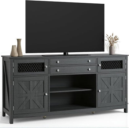YITAHOME Farmhouse TV Stand for TVs up to 65", 59" Entertainment Center with 2 Large Drawers & Visual Grid Door, Rustic TV Media Console for Living Room, Dark Grey
