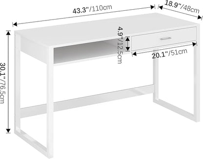 4NM 43.3" Computer Desk with Drawer, Morden White Home Office Desk, Study Writing Table with Storage for Small Spaces,Vanity Desk Makeup Table for Bedroom- White
