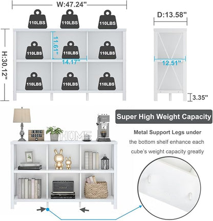 FATORRI 6 Cube Storage Organizer with Shelf, Long Wood and Metal Cubby Bookcase, Industrial Horizontal Bookshelf (White Oak, 47 Inch)