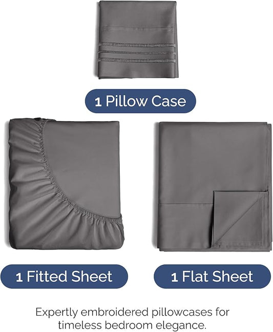 Twin Size 3 Piece Sheet Set - Comfy Breathable & Cooling Bed Sheets Set - Hotel Luxury Bedding for Women, Men, Kids, Teens, Boys & Girls - Deep Pockets, Ultra-Soft, Wrinkle Free - Oeko-Tex - Dark Grey