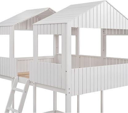 Ball & Cast Full Over Full Size Playhouse Bunk Bed with Roof and Window,Wood Bunkbed w/Full-Length Guard Rail & Ladder,Slat Support,Space Saving,Bedroom Furniture for Student Dorms,White