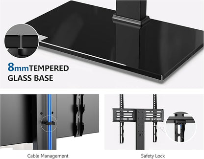 FITUEYES Universal TV Stand, Swivel TV Table Stands for 27-55 Inch Flat Screen, Tabletop TV Stand with Mount for Bedroom/Living Room, Height Adjustable, Holds up to 88 lbs, Glass Base, Black