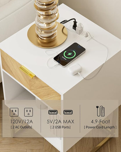 Nightstand with Charging Station,Modern Night Stand Boho Farmhouse Wood Bedside Table with Storage Drawer and Open Shelf,Side End Table for Bedroom,Living Room,White