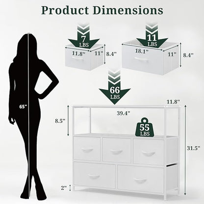 TV Stand, 5 Fabric Drawers Dresser Entertainment Center for TV up to 45 inch Wooden Media Console Table Storage Organizer with Open Shelf, for Living Room, Bedroom, or Small Space, White