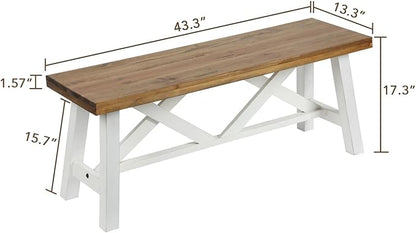 Wnutrees 43" Farmhouse Wood Bench, Rustic Solid Wood Entryway Bench Seat with Double X-Structure for Dining Room, Living Room, Hallway, Structural Stability, White