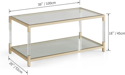 AGV LIGHTING 202205 BLEVIO Coffee Table, Modern Design Dual-Layer Coffee Table, Perfect for Living Space, Ultra-Clear Glass Top, Transparent Acrylic Leg & Gold Finish Metal Frame