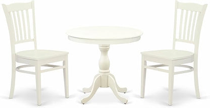 East West Furniture AMGR3-LWH-W 3 Piece Dinette Set for Small Spaces Contains a Round Kitchen Table with Pedestal and 2 Dining Room Chairs, 36x36 Inch, Linen White