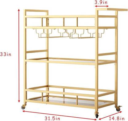 Gold Bar Carts with 3 Tier Glass Shelves, Rolling Serving Bar Cart with Wine Rack and Glass Holder, Home Bar Carts & Wine Carts on Wheels for Kitchen, Indoor & Outdoor