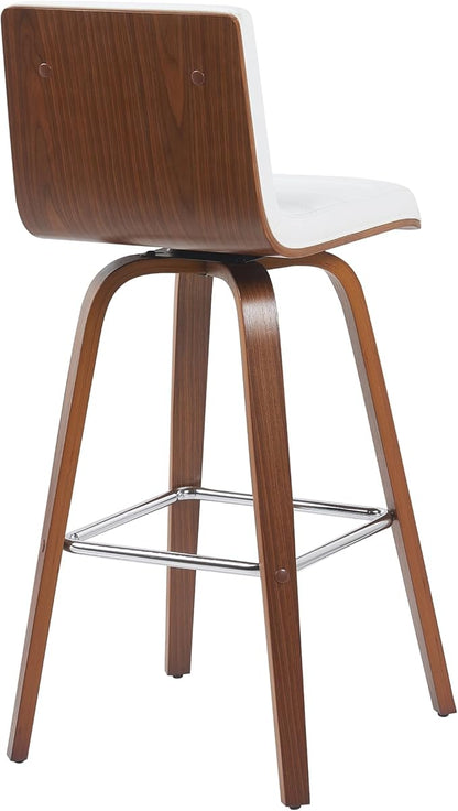 Vienna Modern Swivel Bar Height Stool with Snow White Faux Leather Seat and Walnut Finished Wood Frame Set of 3