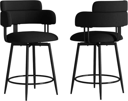 Swivel Bar Stools Set of 2, Counter Height Bar Stools with Ergonomic Full Back, Upholstered Linen Fabric Barstools with Chrome Metal Footrest for Kitchen Island, Dining Room