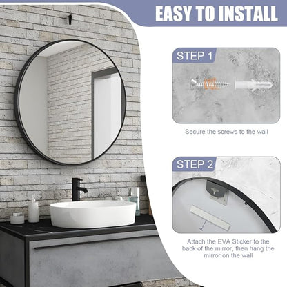 34inch Bathroom Round Mirror,Wall Mounted Vanity Mirror,Steel Frame,Black,Steel Frame
