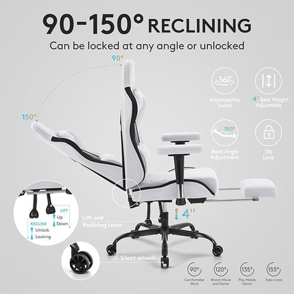 Gaming Chair Breathable Fabric,Computer Office Chair with Footrest,Massage Lumbar Support and Gel Pad,Ergonomic Reclining Gamer Chair with Adjustable Armrests and Spring Cushion Grey Black