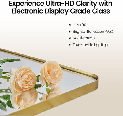MOON MIRROR 24" x 36" Brushed Gold Metal Framed Pivot Rectangle Bathroom Mirror for Wall, Tilting Rounded Corner Rectangular Vanity Mirror Hangs Vertical Only