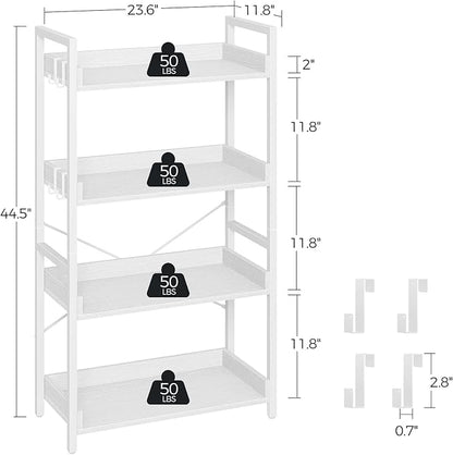 Rolanstar Bookshelf 4 Tier with 4 Hooks, Industrial Bookcase, Vintage Storage Rack with Open Shelves, Rustic Standing Bookshelves Metal Frame Display Rack for Living Room, Bedroom, White