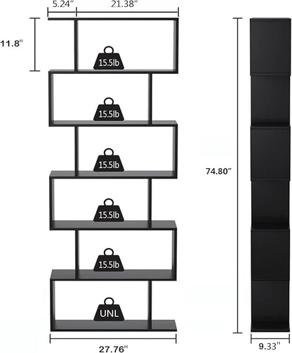 Yusong Bookshelf 6-Tier, Geometric Bookcase S Shaped Book Shelves for Bedroom, Modern Wood Decorative Display Shelf Tall Book Case for Home Office, Black