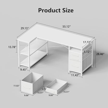 55" Computer Desk with Drawers, Desks for Bedrooms, Writing Desk with Storage, Work Desk for Small Space, White