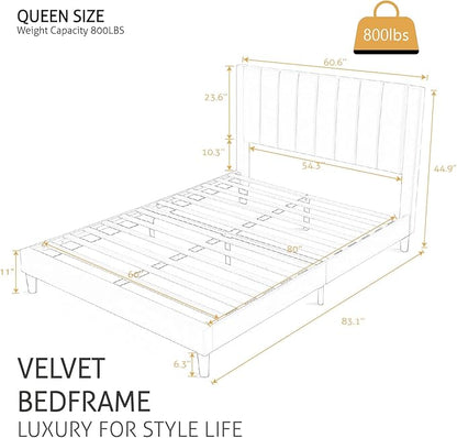 SHA CERLIN Queen Bed Frame/Velvet Upholstered Platform Bed Frame with Headboard/Strong Wood Slats Support/Mattress Foundation/No Box Spring Needed/Easy Assembly/White