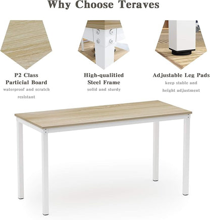 Teraves Computer Desk/Dining Table Office Desk Sturdy Writing Workstation for Home Office (39.37“, Beige + White Frame)