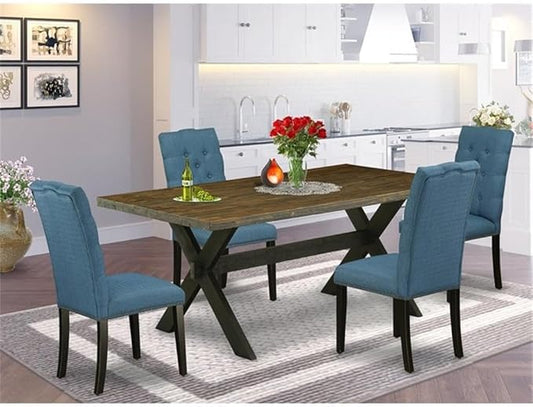 East West Furniture X677EL121-5 5 Piece Modern Dining Table Set Includes a Rectangle Wooden Table with X-Legs and 4 Blue Linen Fabric Upholstered Chairs, 40x72 Inch, Multi-Color