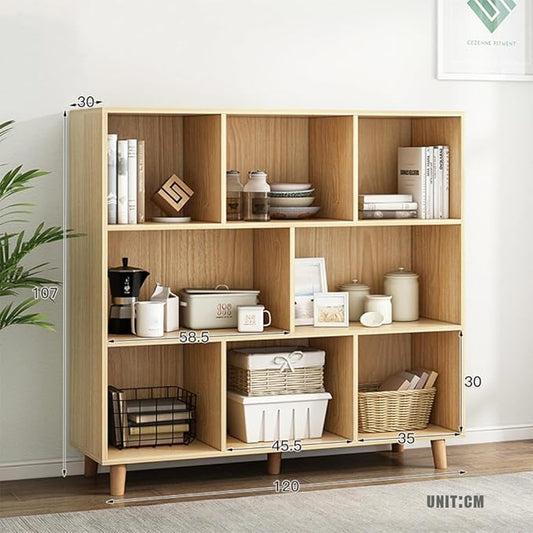 IOTXY Open Cube Low Bookcase - 3-Tier Freestanding Storage Display Cabinet Organizer with Legs for Home Office, 8-Cubes Open Shelf Short Bookshelf, Oak