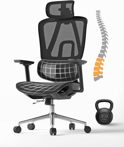 Ergonomic Office Chair with 3D Lumbar Support/Headrest/Armrest/, Mesh Executive Office Chair with Seat Depth & Height Adjustment, Big and Tall Desk Chair with 3-Gear Lock Recline for Long Hours
