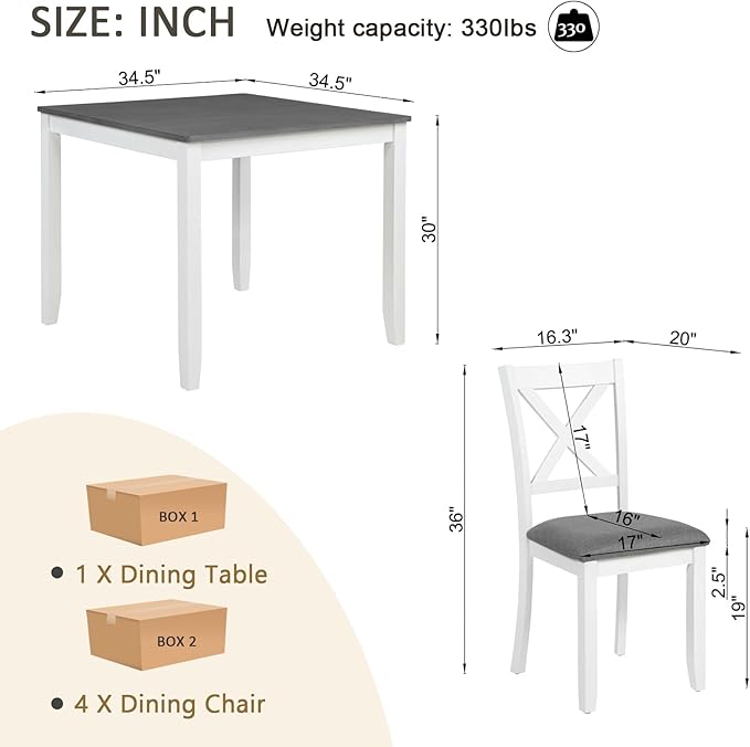 Ball & Cast 5 Piece Dining Table Set with 4 X-Back Chairs,Wooden Living Room Furniture W/ 34.5" Square Kitchen Desk,Easy Assemble & Clean,for Small Space,Apartment,Dining Room,White+Gray
