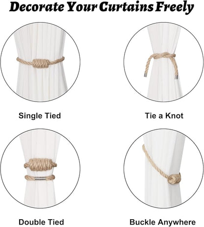 BEL AVENIR Magnetic Jute Curtain Tiebacks, Decorative Drapery Holdbacks Bohemian Style Woven Tie-Backs with Exquisite Knot (Jute, 6 Pack)