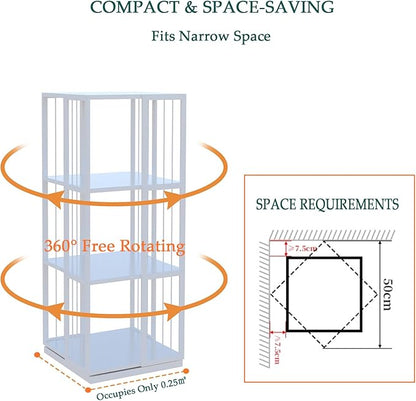 Square Rotating Bookshelf Tower - 360 Spinning Display Corner Bookcase for Narrow Space, Modern 3-Tier Revolving Storage Shelf, White