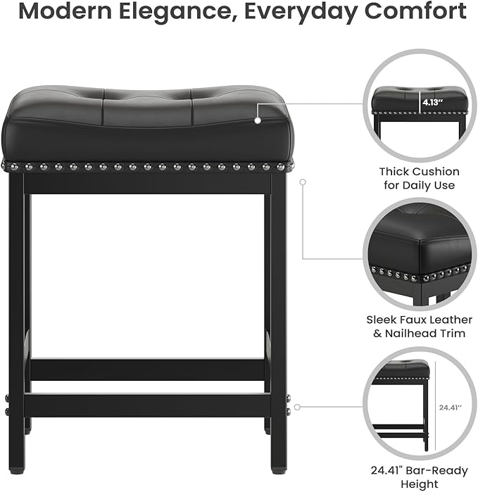 MALOL Set of 6 Saddle Bar Stools Counter Height 24.4”, Black Backless Barstools for Kitchen Island, Modern PU Leather Cushioned Seat, Bar Chairs for Kitchen Counter, Breakfast Bar Stools for Home