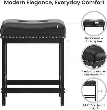 MALOL Set of 6 Saddle Bar Stools Counter Height 24.4”, Black Backless Barstools for Kitchen Island, Modern PU Leather Cushioned Seat, Bar Chairs for Kitchen Counter, Breakfast Bar Stools for Home