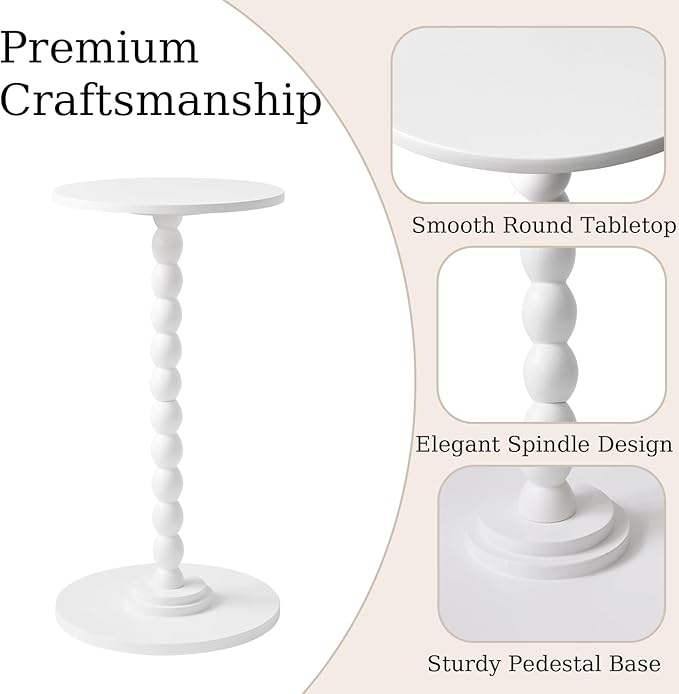 Side Table, Wood Round Drink Table, Small End Table, Weighted Base Pedestal Table for Living Room, Bedroom, Modern White YD-RST001W