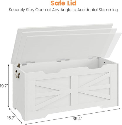 GarveeHome 39.4" Storage Chest, Toy Chest With Lids, Entryway Storage Bench with Safety Hinge, Wooden Storage Trunk, Supports 350 Lb, for Living Room, Bedroom,White