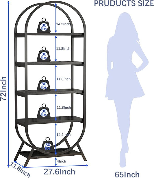 Bookshelf Arched Bookcase, Industrial 5 Tier Open Book Shelves with Metal Frame, 72" Tall Freestanding Display Rack for Home Office, Living Room, Black