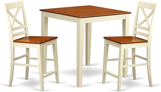 East West Furniture VNQU3-WHI-W 3 Piece Kitchen Counter Height Dining Table Set Contains a Square Pub Table and 2 Dining Room Chairs, 36x36 Inch, Buttermilk & Cherry