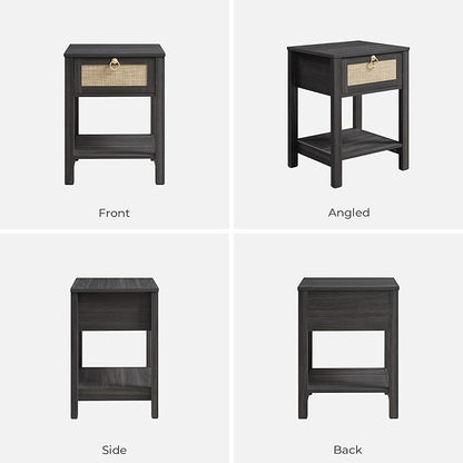 SICOTAS Rattan Nightstand Set of 2, Rattan Decor Drawer with Brass Knobs Night Stand Bedside Table Boho End Tables Side Tables with Storage Shelf for Bedroom,Small Space