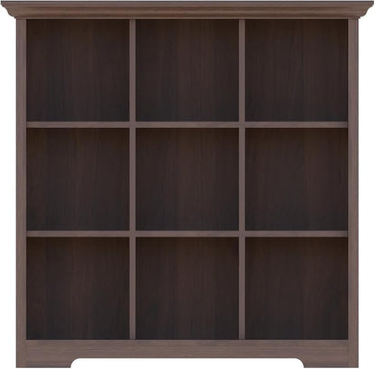 Cube Shelf Bookcase with Base - Wooden 3 Tiers Floor Standing Low Storage Cabinet for Home and Office, 9-Cube Lattice Bookshelf, Walnut
