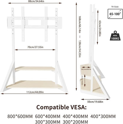 unho White TV Floor Stand with Wheels Shelves for 65 to 100 inch Large LCD/LED Flat Curved Screen up to 220lbs, Adjustable Heights TV Mount Stands VESA 800x600mm, Rolling TV Stand for Bedroom Office