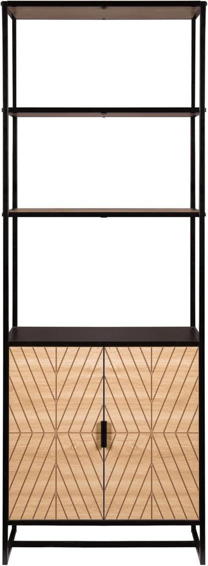 AC Pacific Bali Coastal Modern 6 Tier Bookshelf with Storage, Features Sleek Black Frame and Natural Wood Accents, Versatile Book Shelf and Display Solution for Bedroom and Living Room, 67" High