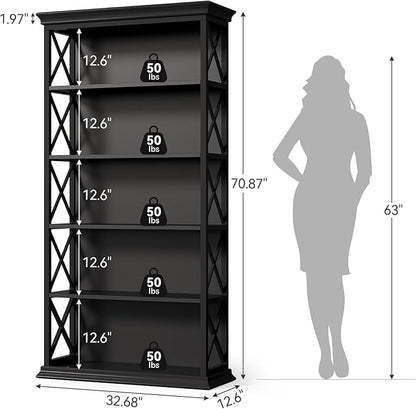 Little Tree 6-Tier Bookcase, 71 Inches Industrial Bookshelves, Floor Standing Display Storage Shelves Tall Bookcase for Home Office, Living Room, Bed Room