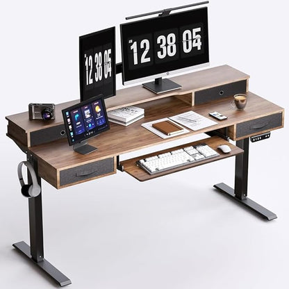 Electric Standing Desk, 55" Standing Desk Adjustable Height, Adjustable Desk with 4 Drawers, Ergonomic Adjustable Sit Stand Desk with Keyboard Tray, Rustic Brown