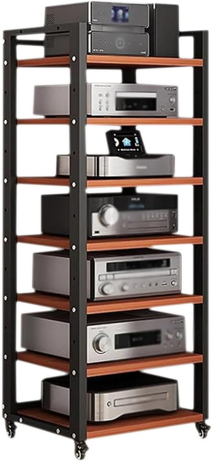 7 Tier Audio Rack Tower, CD Record Player Stereo Receiver AV Equipment Cabinet Display Rack, Weight capacity 661 lbs, with Adjustable Wooden Shelves for Home (TEAKWOOD, 7 TIER 55×19.7×15.7IN)