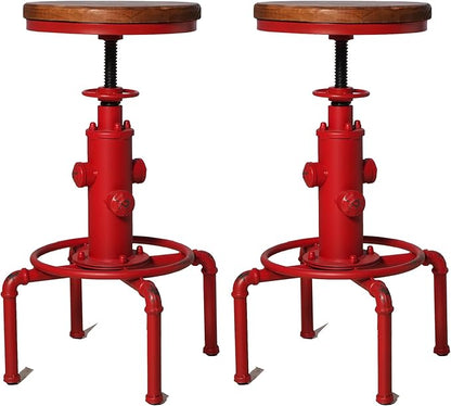 Topower Aged Antique Vintage Industrial Barstool Solid Wood Water Pipe Fire Hydrant Design Cafe Coffee Industrial Bar Stool Set of 2 Antique Red