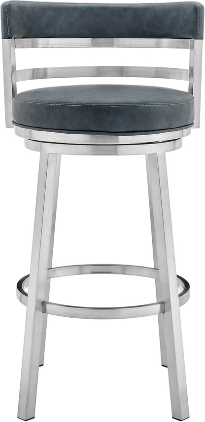Armen Living Madrid 30" Seat Height Swivel Modern Blue Faux Leather and Brushed Stainless Steel Bar Stool for Kitchen Island Counter