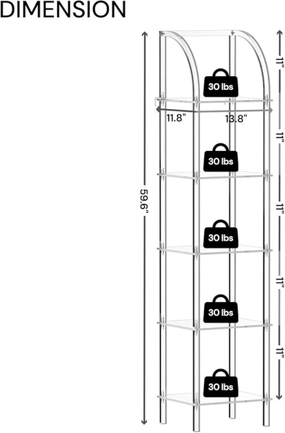 5-Tier Acrylic Arched Bookcase, Square Legs, 13.8''W x 11.8''D x 59.6''H, Clear Narrow Bookshelf for Small Space, Unique Book Shelves for Home Office, Living Room, Bedroom, Modern