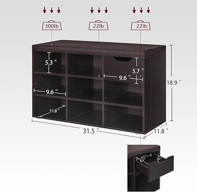 DINZI LVJ Shoe Bench,Entryway Storage Bench with Drawer and 8 Cubbies,Cubby Rack Adjustable Shelves,Shoe Organizer Cabinet for Living Room,Bedroom,Mudroom,Closet Garage,Espresso