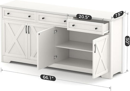 66'' Farmhouse Sideboard Buffet Cabinet with Storage, Large Kitchen Storage Cabinet with Barn Doors Drawers, White Coffee Bar Table for Dining Room Kitchen