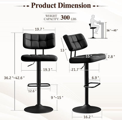 Furniliving Modern Bar Stools Set of 2 Faux Leather, Upholstered Swivel Barstools with Back, Adjustable Bar Chairs Counter Height for Kitchen Island, Dining Space, Black